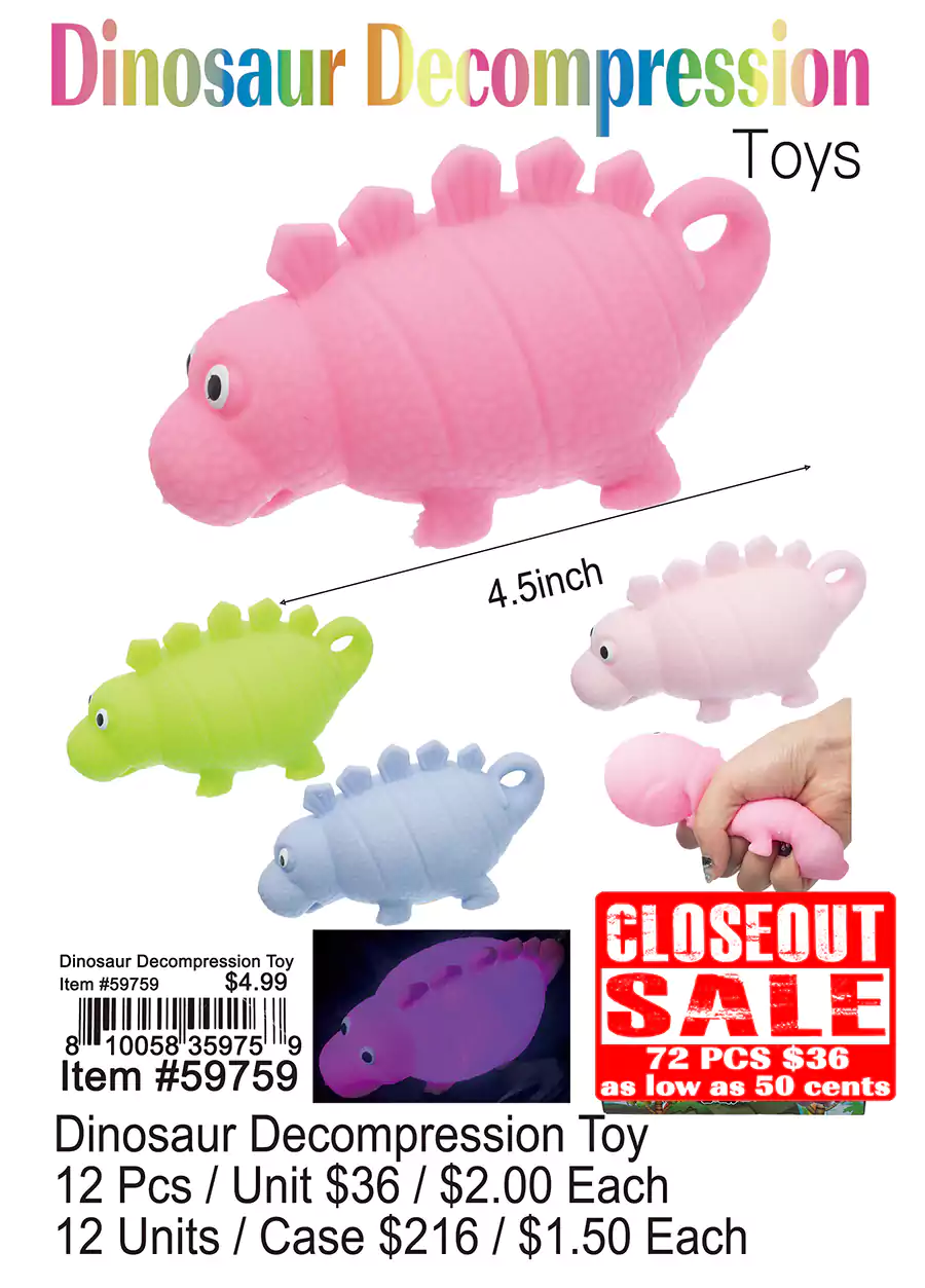 Dinosaur Decompression Toy - Closeout 72 Pcs.